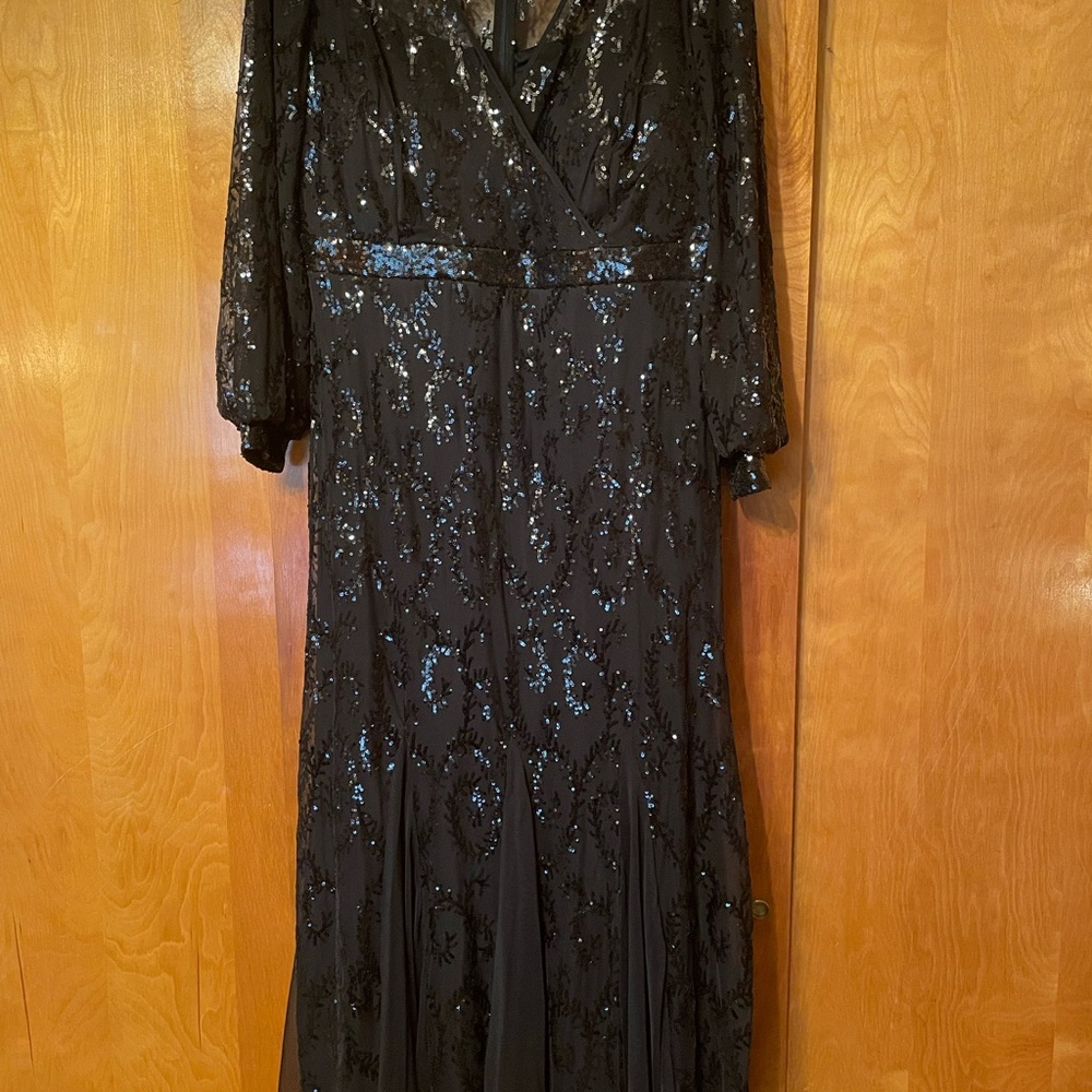 Oleg Cassini Black Sequin Cocktail Gown with Bishop Sleeves